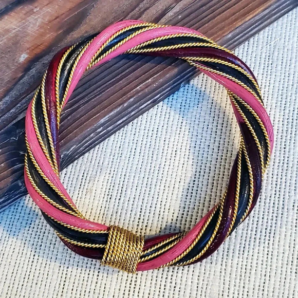 Hand Crafted Twisted Rattan Red Pink Bangle Bracelet Gold Pink Burgundy Black - Picture 2 of 7